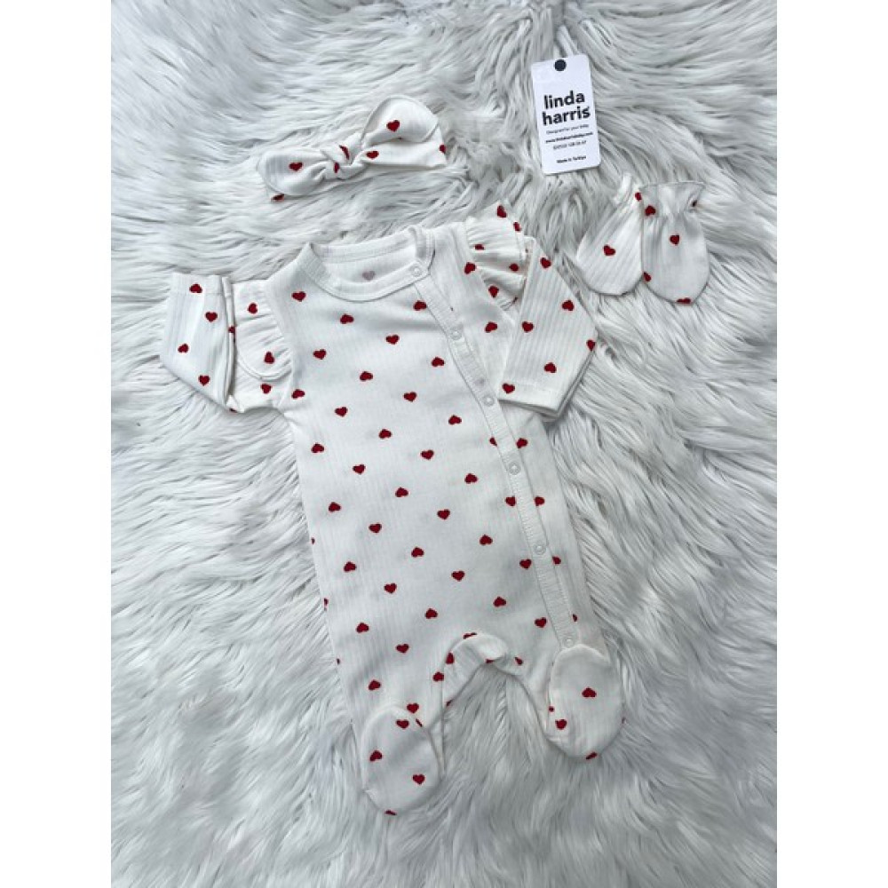 Linda Harris Heart Pattern Ekru Şapkalı Eldivenli Bebek Tulum Seti Bebek Tulumu Fiyatı