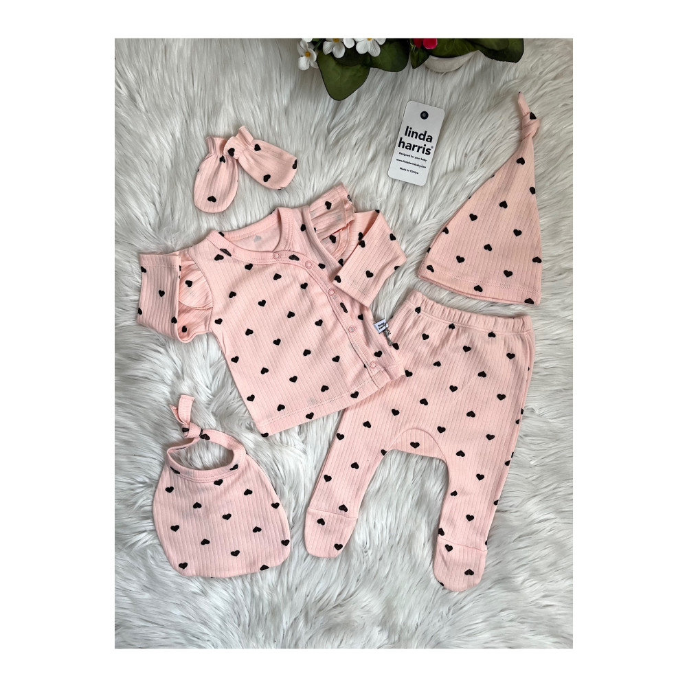 Linda Harris Heart Pattern Somon 5’li Yenidoğan Kız Bebek Hastane Çıkışı Seti 0-3 AY Beden Bebek Hastane Çıkışı Fiyatı