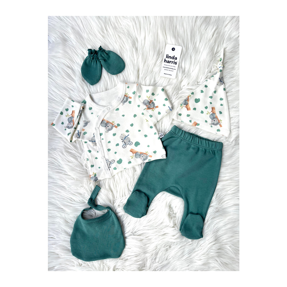 Linda Harris Koala on a Bicycle Pattern Zümrüt Yeşil 5’li Yenidoğan Unisex Bebek Hastane Çıkışı Seti 0-3 AY Beden Bebek Hastane Çıkışı Fiyatı