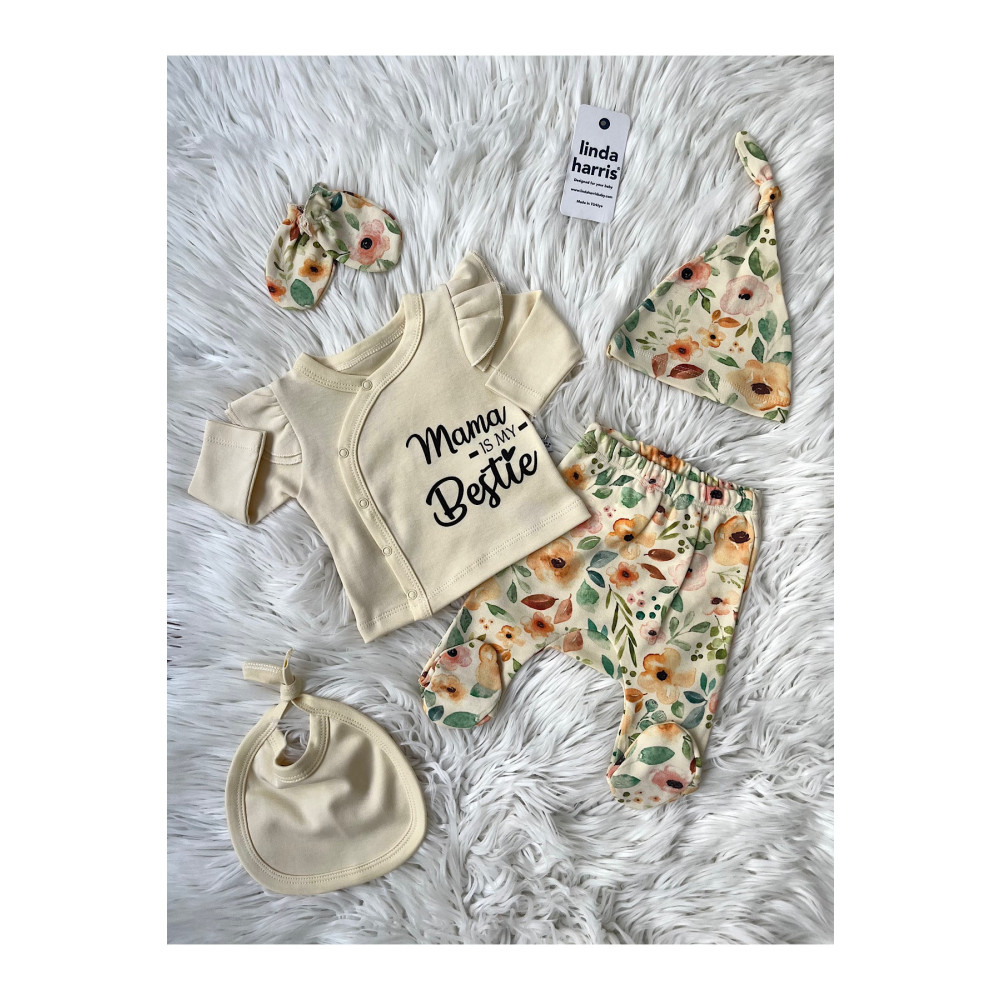 Linda Harris Mama is my bestie Flower Pattern Tereyağ 5li Yenidoğan Kız Bebek Hastane Çıkışı Seti 0-3 AY Beden Bebek Hastane Çıkışı Fiyatı