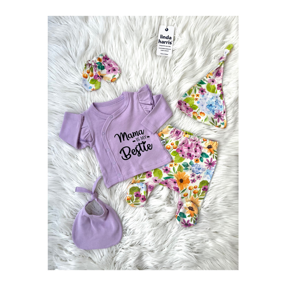 Linda Harris Mama is my bestie Ortanca Pattern 5’li Yenidoğan Kız Bebek Hastane Çıkışı Seti 0-3 AY Beden Bebek Hastane Çıkışı Fiyatı