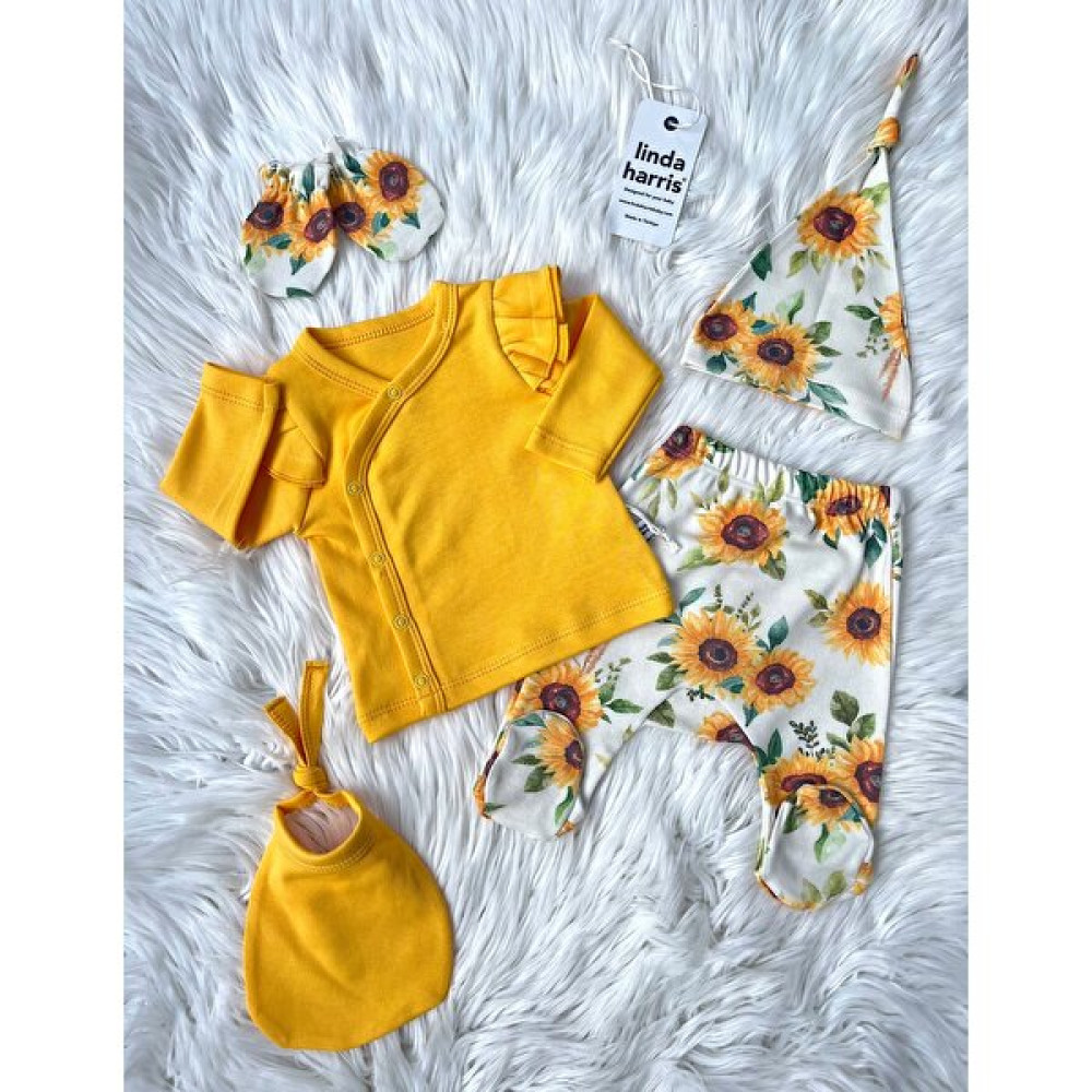 Linda Harris Sunflower Pattern Hardal 5’Li Yenidoğan Kız Bebek Hastane Çıkışı Seti Bebek Hastane Çıkışı Fiyatı