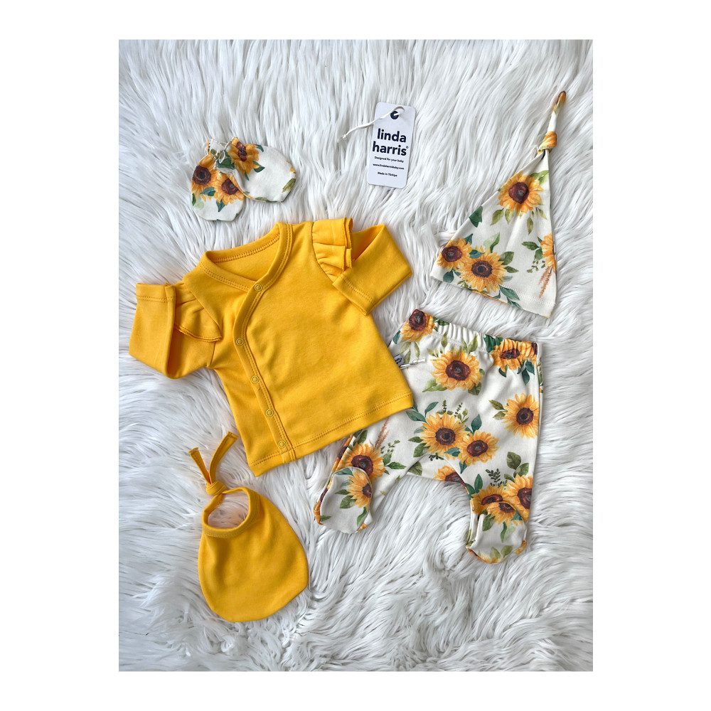 Linda Harris Sunflower Pattern Sarı 5li Yenidoğan Kız Bebek Hastane Çıkışı Seti 0-3 AY Beden Bebek Hastane Çıkışı Fiyatı