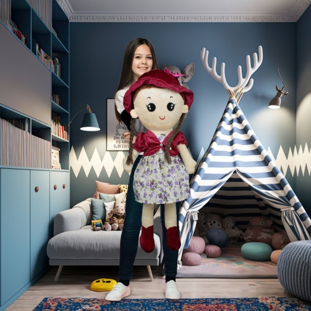 Linda Peluş Şapkalı Bez Bebek 95CM Bordo Peluş Oyuncaklar Fiyatı
