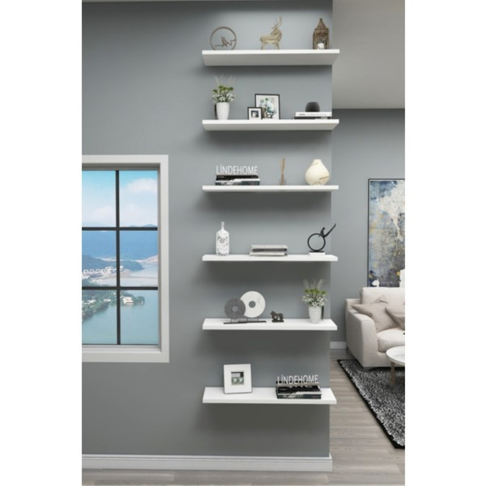 Lindeco 60X15 6lı Beyaz Uçan Raf, Duvar Rafı, Kitaplık, Kütüphane Duvar Rafı Fiyatı