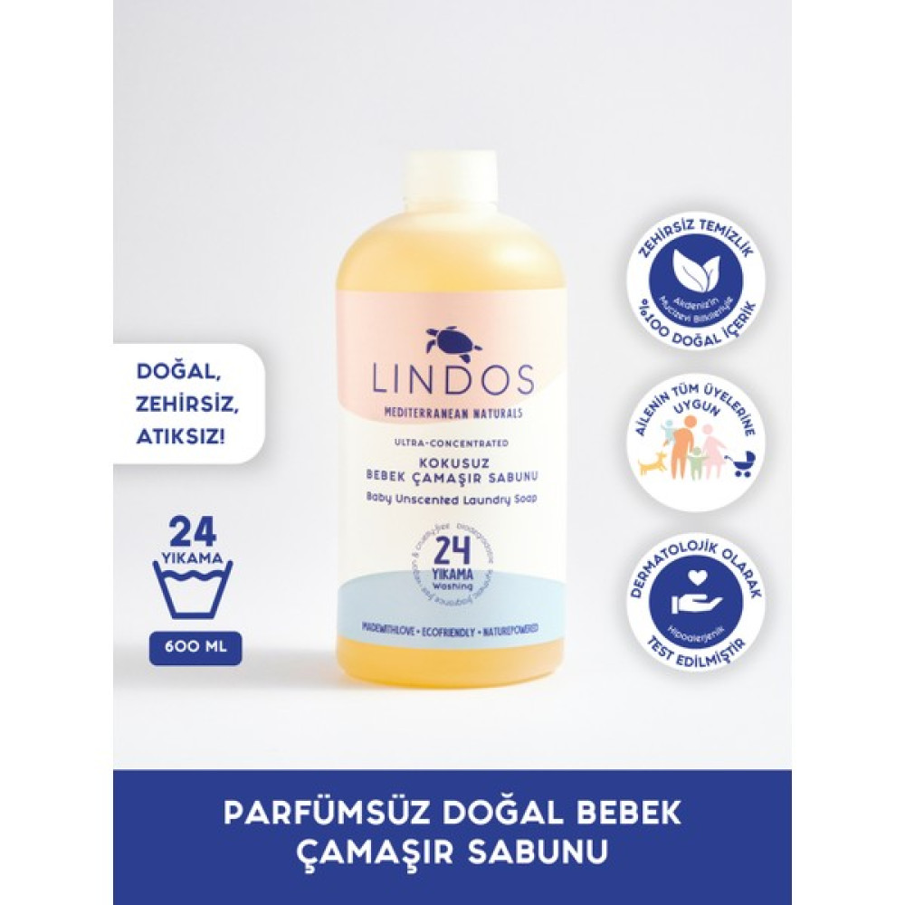 Lindos - Doğal Bebek Çamaşır Sabunu %100 Bitkisel Parfümsüz Antialerjik Baby 24 Yıkama - 600ml - 600 ml Çamaşır Yıkama Fiyatı