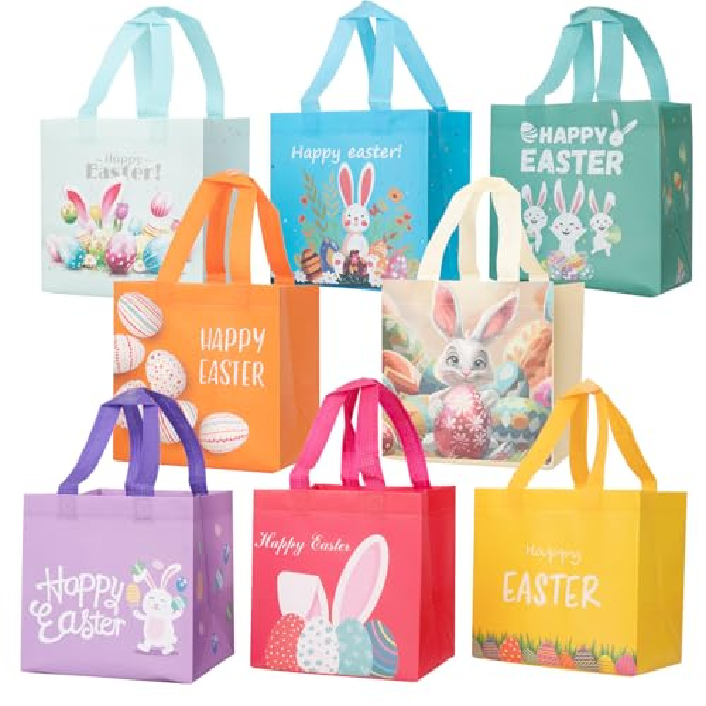 Linelglobal Easter Gift Bag with Handle Happy Easter Non-Woven Bag for Kid Reusable Easter Tote Bag for Egg Hunt Bunny Carrot Chick 8 Pack