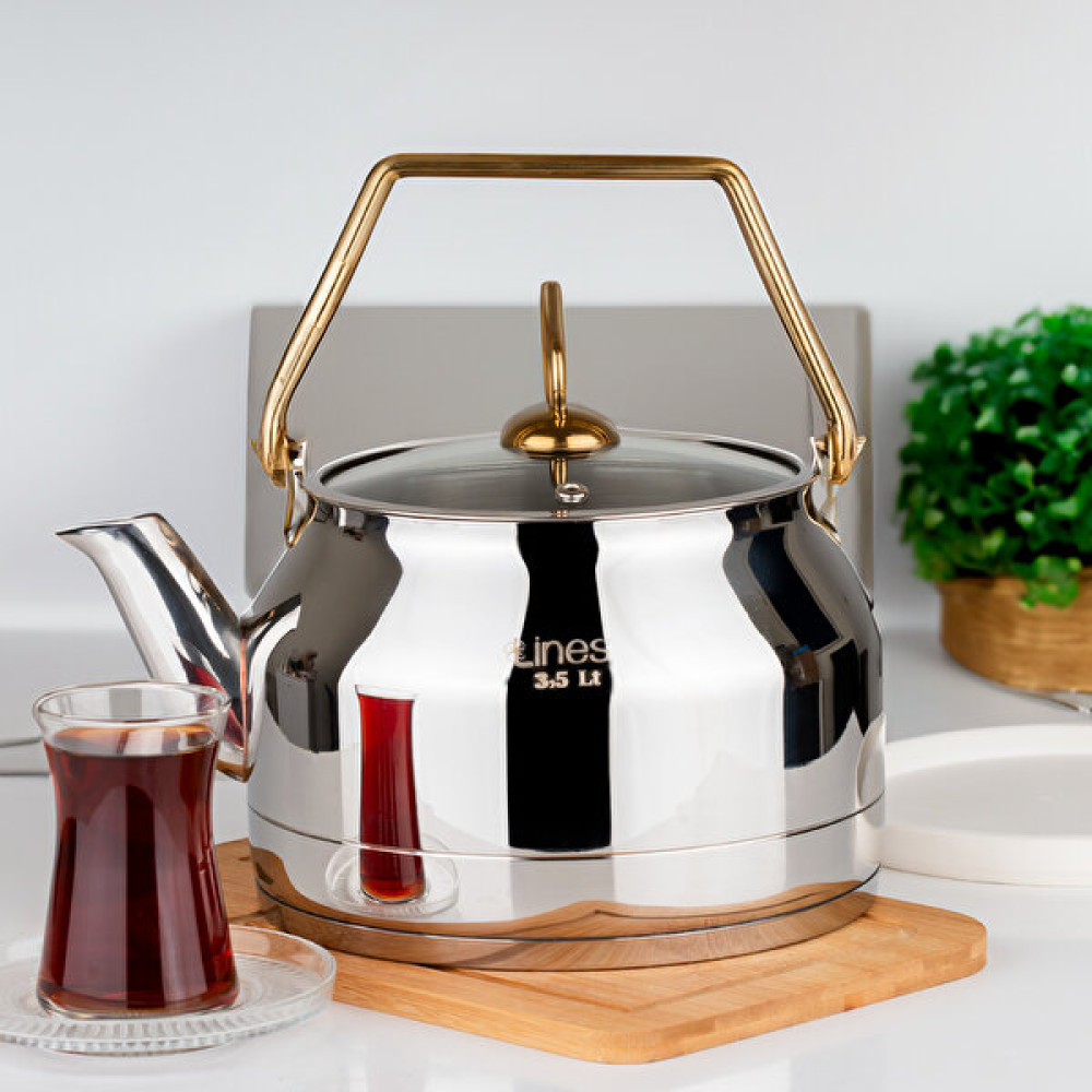 Lines L-3075 Ayperi Paslanmaz Çelik Gold Kulp Demlik Indüksiyon Taban Çay Bitki Çayı Demliği 3,5 Lt Çay / Çaydanlık Setleri Fiyatı