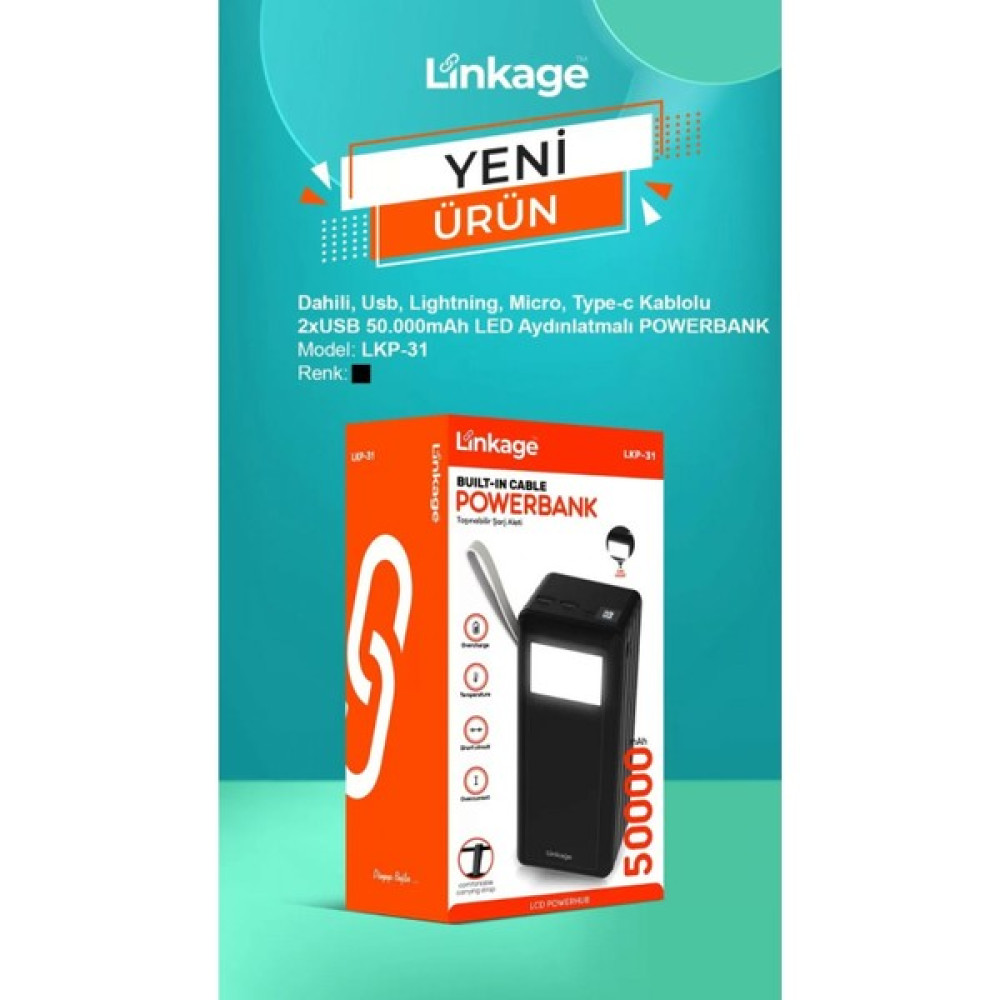 Linkage Lkp-31 POWERBANK-50000-MAH-LED Göstergeli El Fenerli Powerbank - Siyah Taşınabilir Şarj Cihazı - Powerbank Fiyatı