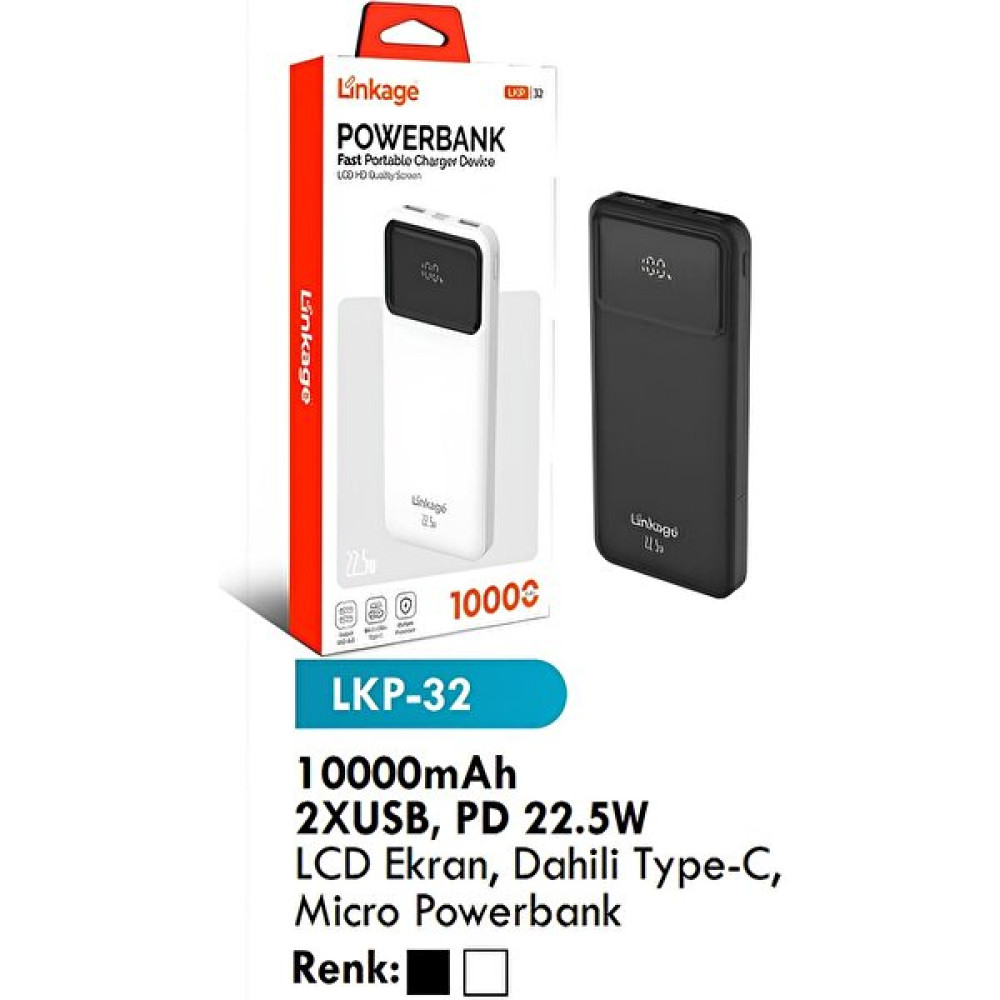 Linkage Lkp-32 10000MAH 2xusb Pd 22.5W LCD Ekran Dahili Type-C Micro Powerbank Güç Bankası Taşınabilir Şarj Cihazı - Powerbank Fiyatı