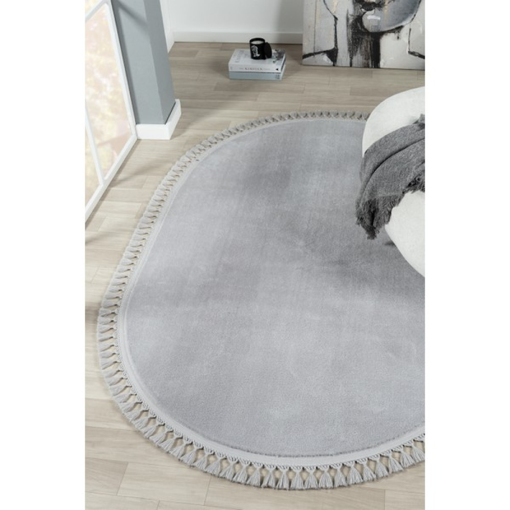 Linos Home Puffy Açık Gri Oval Örgü Saçaklı Peluş Yumuşacık Yıkanabilir Kaymaz Taban Halı Salon Oturma Odası - 80 x 250 cm Ev Tekstili Fiyatı