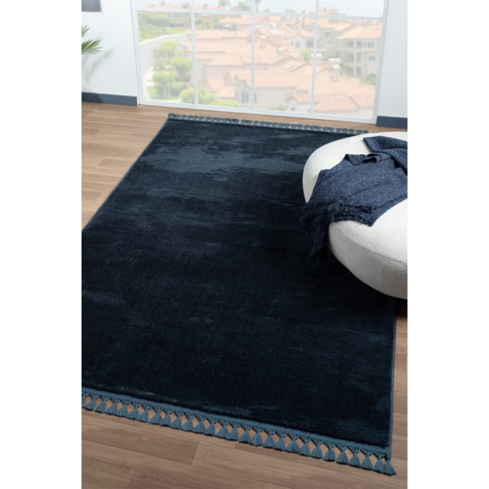 Linos Home Puffy Mavi Örgü Saçaklı Peluş Yumuşacık Yıkanabilir Kaymaz Taban Halı Salon Oturma Odası Koridor - 120 x 180 cm Ev Tekstili Fiyatı