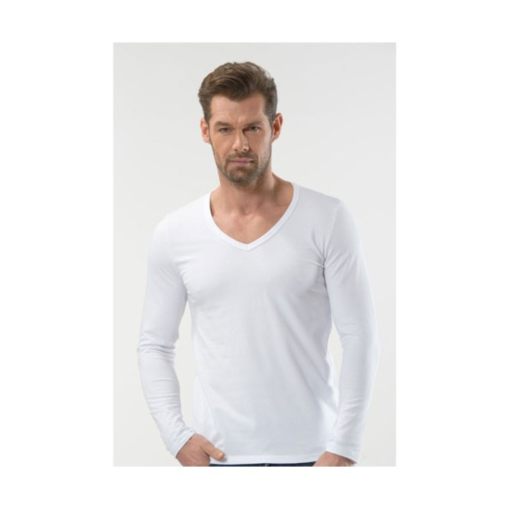 Linotti Erkek V Yaka Uzun Kollu Tshirt Beyaz 1166 Erkek T-shirt Fiyatı