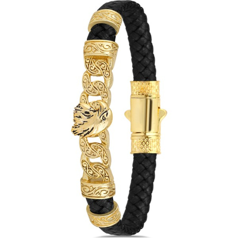 Lion Quality Kartal Figür Sarmal Dizayn Deri Erkek Klipsli Kilit 19.5cm Bileklik - Gold - Siyah Saat ve Bileklik Aksesuarı Fiyatı