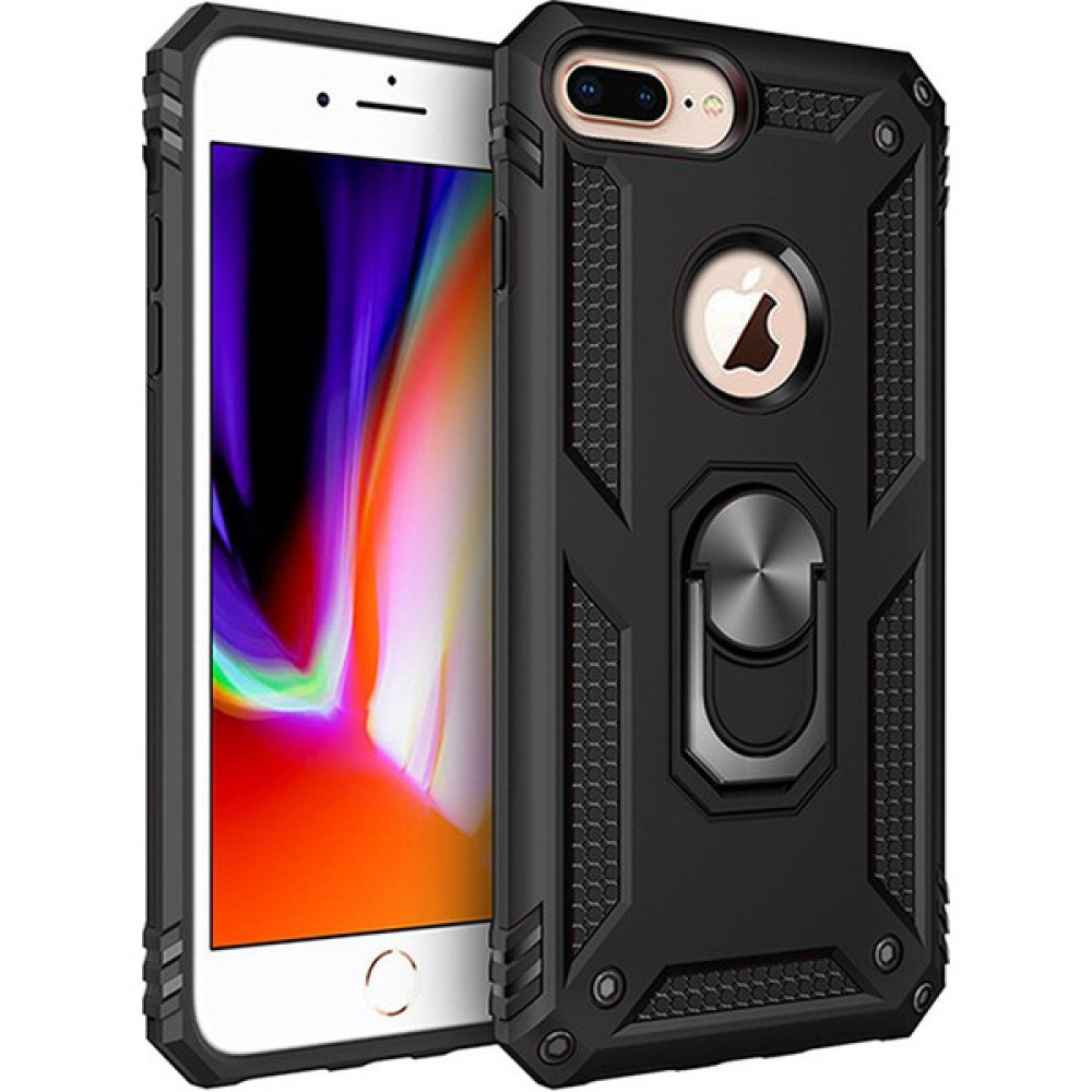 LionTech Apple iPhone 8 Plus Kılıf Zırh Koruma Yüzüklü Standlı Armor Silikon Kapak + Ekran Koruma Siyah Cep Telefonu Kılıfı Fiyatı