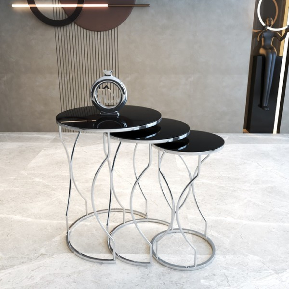 Lioon Art Rüya Model Gümüş Metal Ayaklı Temperli Cam 3'lü Zigon Sehpa Zigon Sehpa Fiyatı