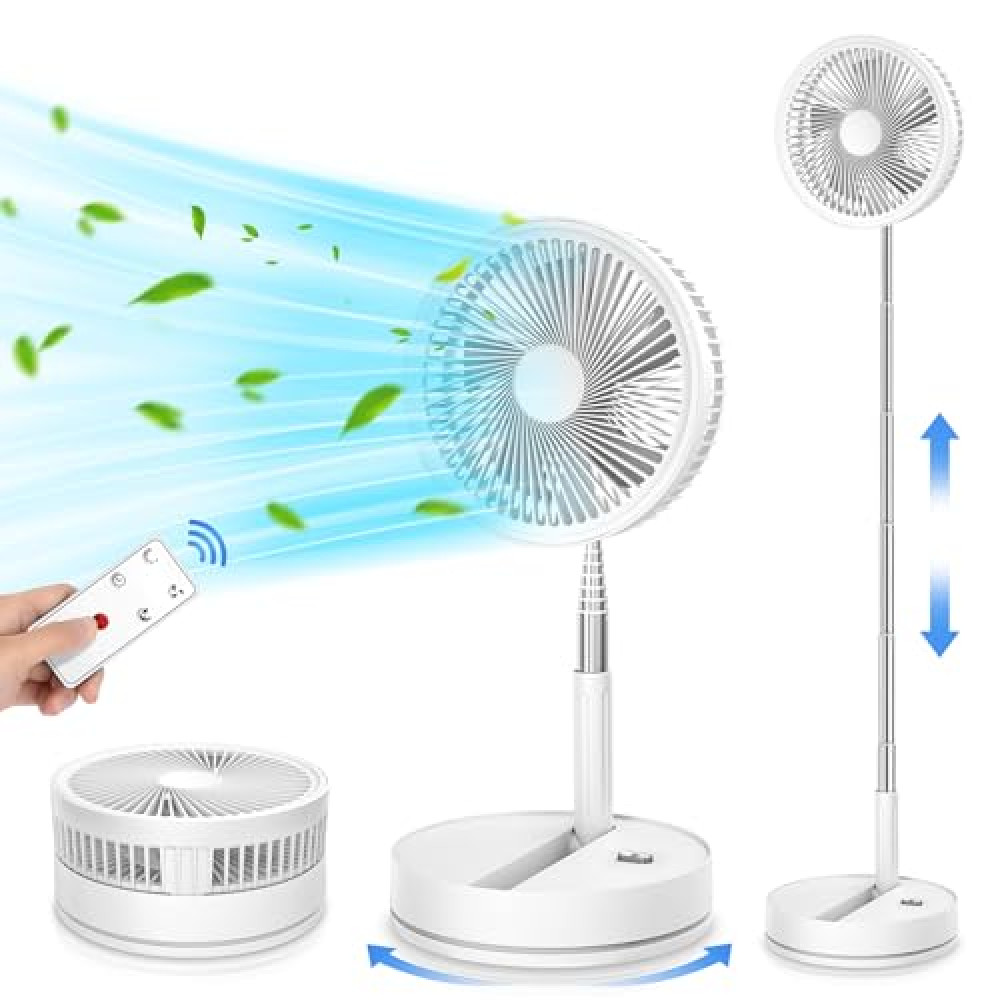 LIPETY 9" Portable Standing Oscillating Fan with Remote - 7200mAh Rechargeable Battery Tall Floor Foldable Travel Fan for Sleeping - Pedestal Stand Up Folding Bed Fan for Home Bedroom