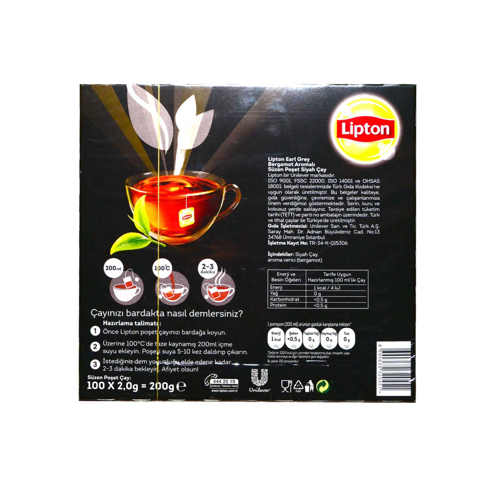 Lipton Earl Grey Bardak Poşet Çay 100'lü 200 gr