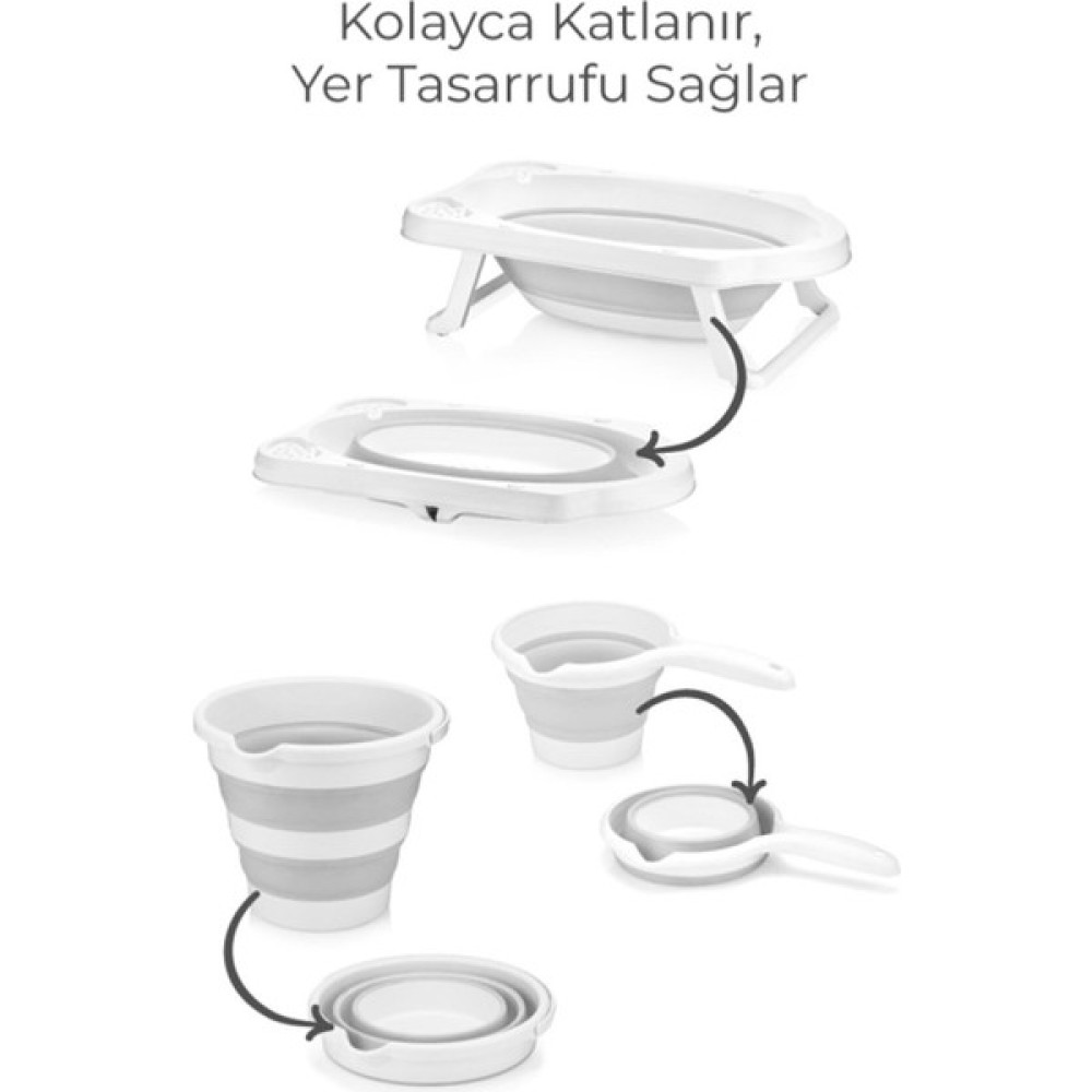 Lira 3'lü Set Katlanır Bebek Çocuk Yıkama Küveti & Katlanır Kova & Katlanır Maşrapa Seti Gri - Beyaz - Gri Bebek Banyo Küveti Fiyatı