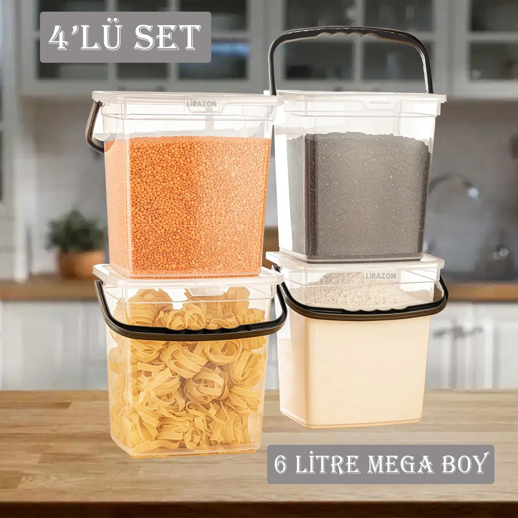 Lirazon Pratik 4'lü Şeffaf Saklama Kabı - 6 Litre Kapasite - Un ve Bakliyat Depolama Eşya Saklama / Düzenleme Fiyatı