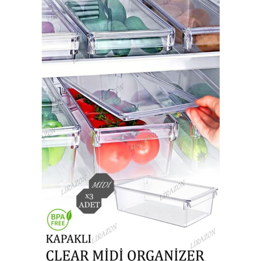 Lirazon Şeffaf Kapaklı Midi Buzdolabı & Dolap İçi Düzenleyici Organizer 3'lü Saklama Kapları Fiyatı