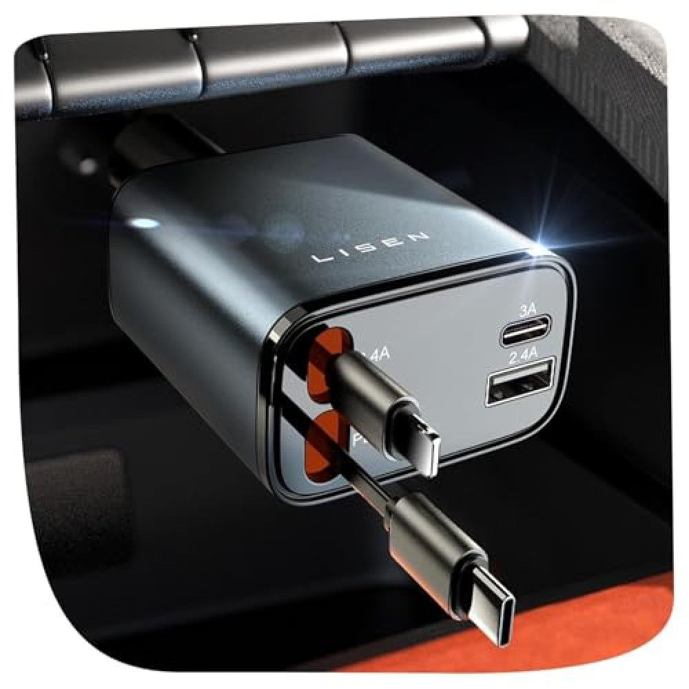 LISEN Retractable Car Charger [69W USB C Car Accessories Adapter ] for iPhone 16 USB C Charger Fast Charging, Ford Travel Essentials Gifts for Women Men, Road Trip Essentials for iPhone 16 15 14 13 12
