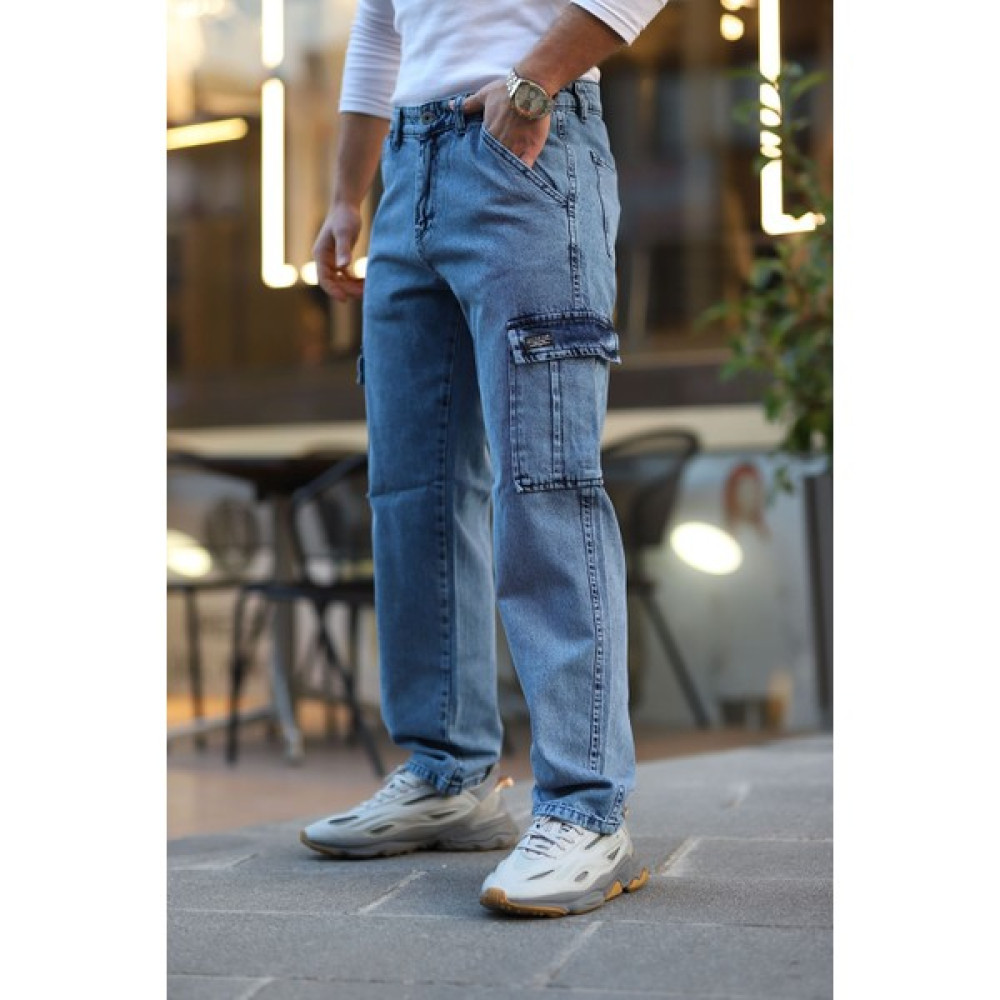 Little Cup Jeans Co Erkek Açık Mavi Baggy Fit Rahat Kalıp Kargo Jean Pantolon Erkek Jeans / Kot Pantolon Fiyatı