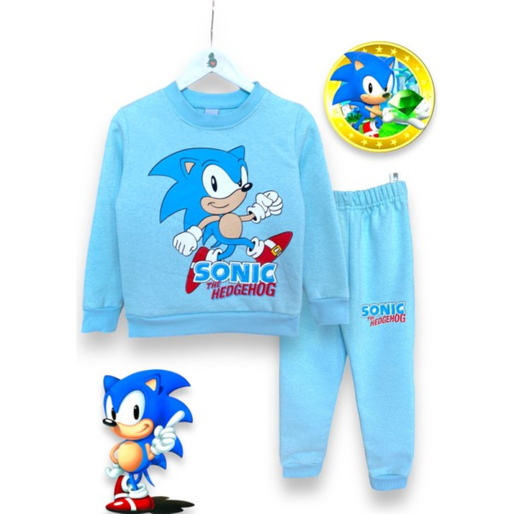 Little Tortoise Sonic Baskılı Mavi Renkli Uzun Kollu Bisiklet Yaka Şardonlu Kışlık Erkek Çocuk Sweatshirt Eşofman Takımı Erkek Çocuk Eşofman Fiyatı