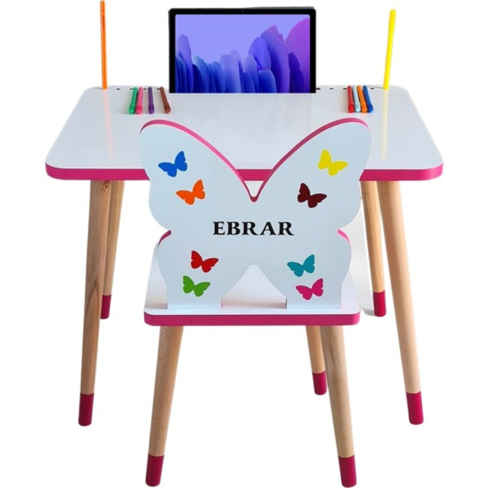 Liva Ahşap Çocuk Masa Sandalye Takımı Tekli Pembe (Kelebekli)- Tablet, Telefon ve Kalemlik Yeri Yaz Sil Özellikli Yüzey Masa - Sandalye & Tabure Fiyatı