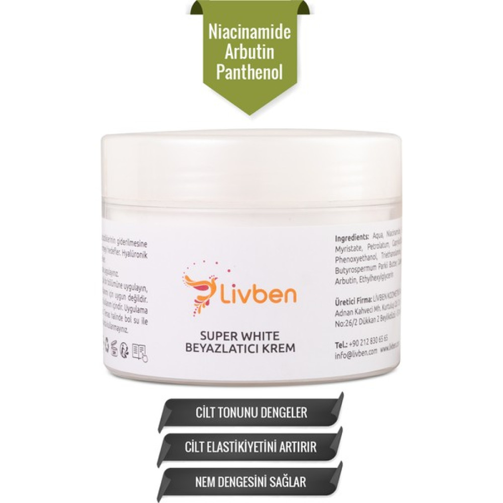 Livben ® Cilt Tonu Eşitleyici, Nem Dengeleyici, Elastikiyet Artırıcı Super White Beyazlatıcı Krem 100 ml Leke Kremi Fiyatı