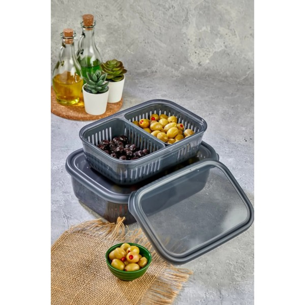 Living Lux 2 Li Bölmeli Dikdörtgen Kapaklı Süzgeçli Zeytinlik - Zeytin Turşu Saklama Kabı 1x(2lt) Füme Saklama Kapları Fiyatı