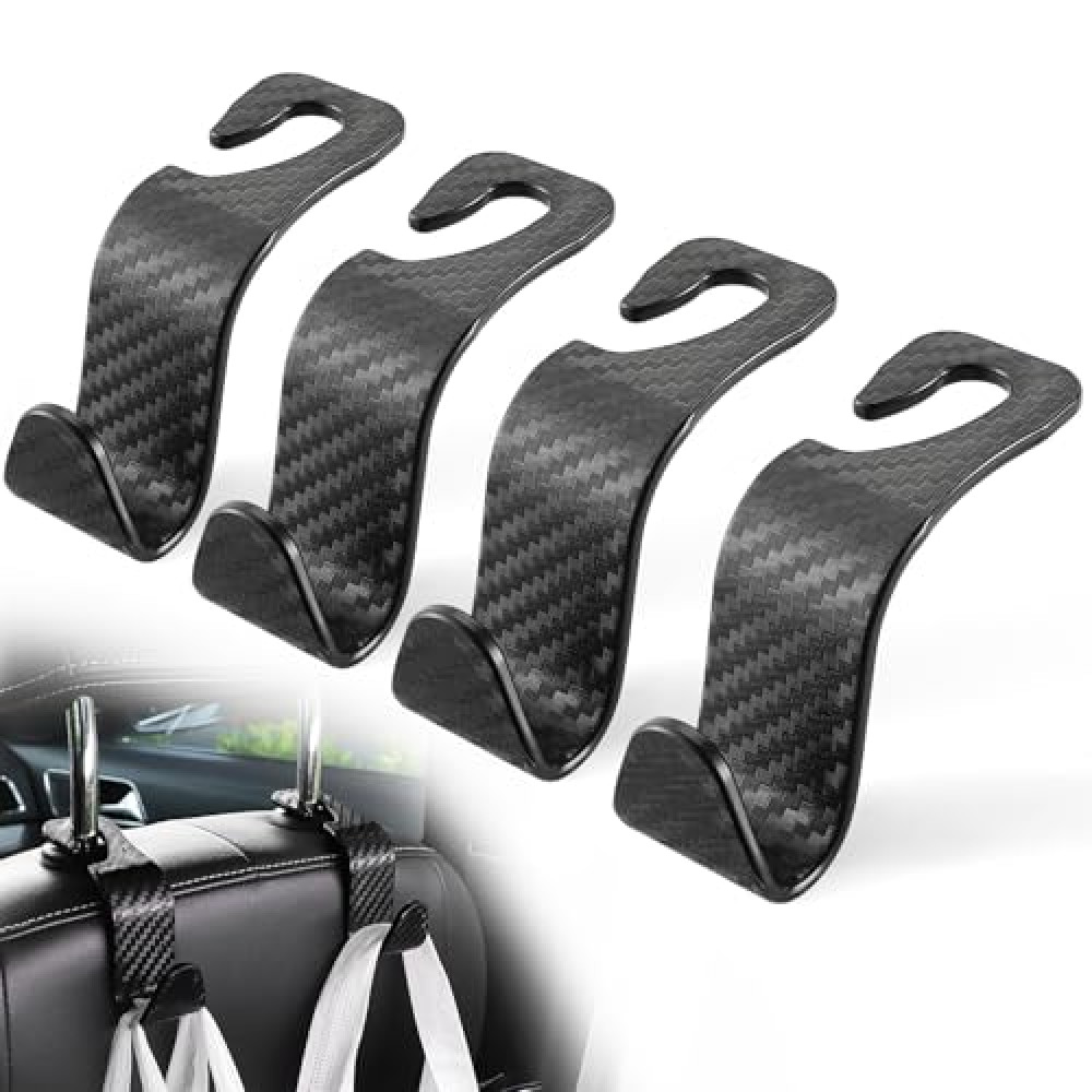 LivTee Car Purse Hook, 4 Pack Universal Auto Seat Headrest Hook Hangers Organizer for Coats, Umbrellas, Groceries - Carbon Fiber Black