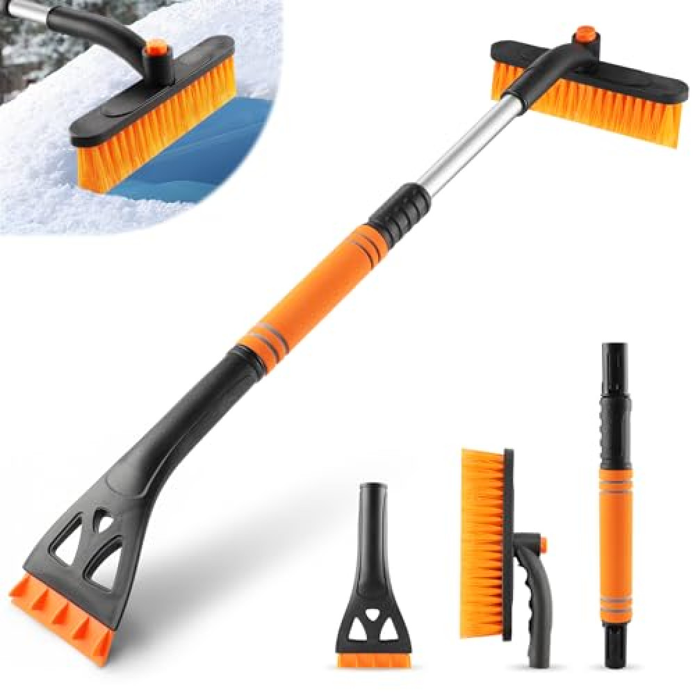 LivTee Ice Scraper and Snow Brush for Car Windshield, 32" Extendable Snow Removal Tool with 360° Rotating Brush, Automotive exterior Accessories and Winter Essentials for Cars, Trucks, and SUVs,Orange