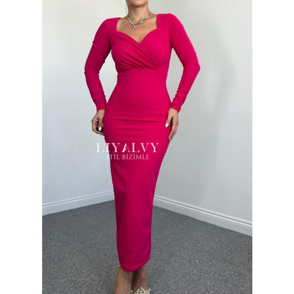 Liyalvy Krep Kumaş Kalp Yaka Midi Boy Kalem Model Mayoni Elbise Fuşya Elbise Fiyatı