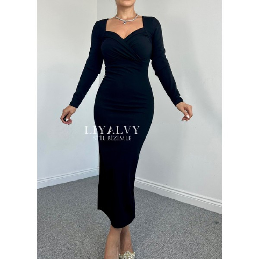 Liyalvy Krep Kumaş Kalp Yaka Midi Boy Kalem Model Mayoni Elbise Siyah Elbise Fiyatı