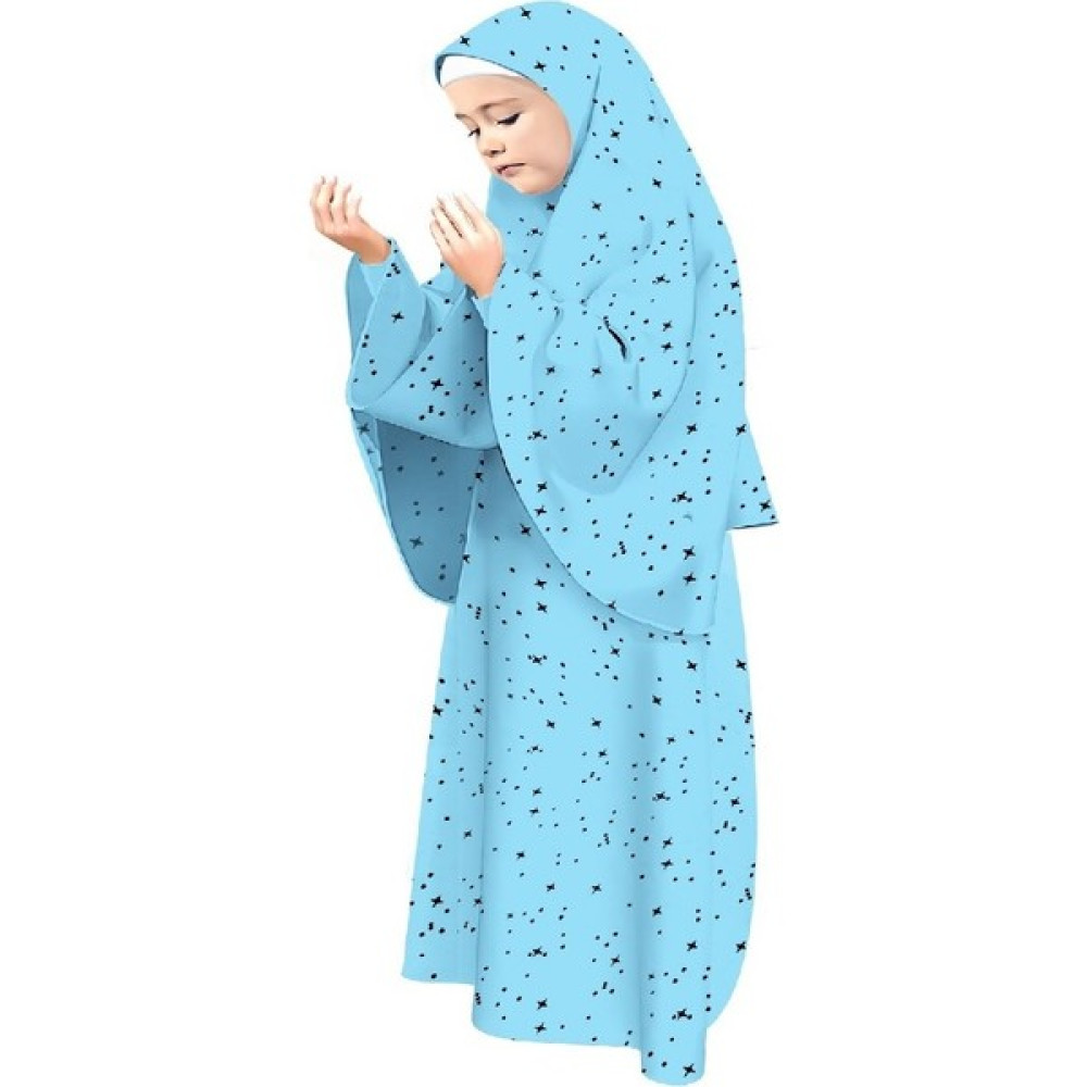 Liyavera Mavi Renkli Yıldız Desenli Uzun Başörtülü Kız Çocuk Namaz Elbisesi 938M Kız Çocuk Elbise Fiyatı