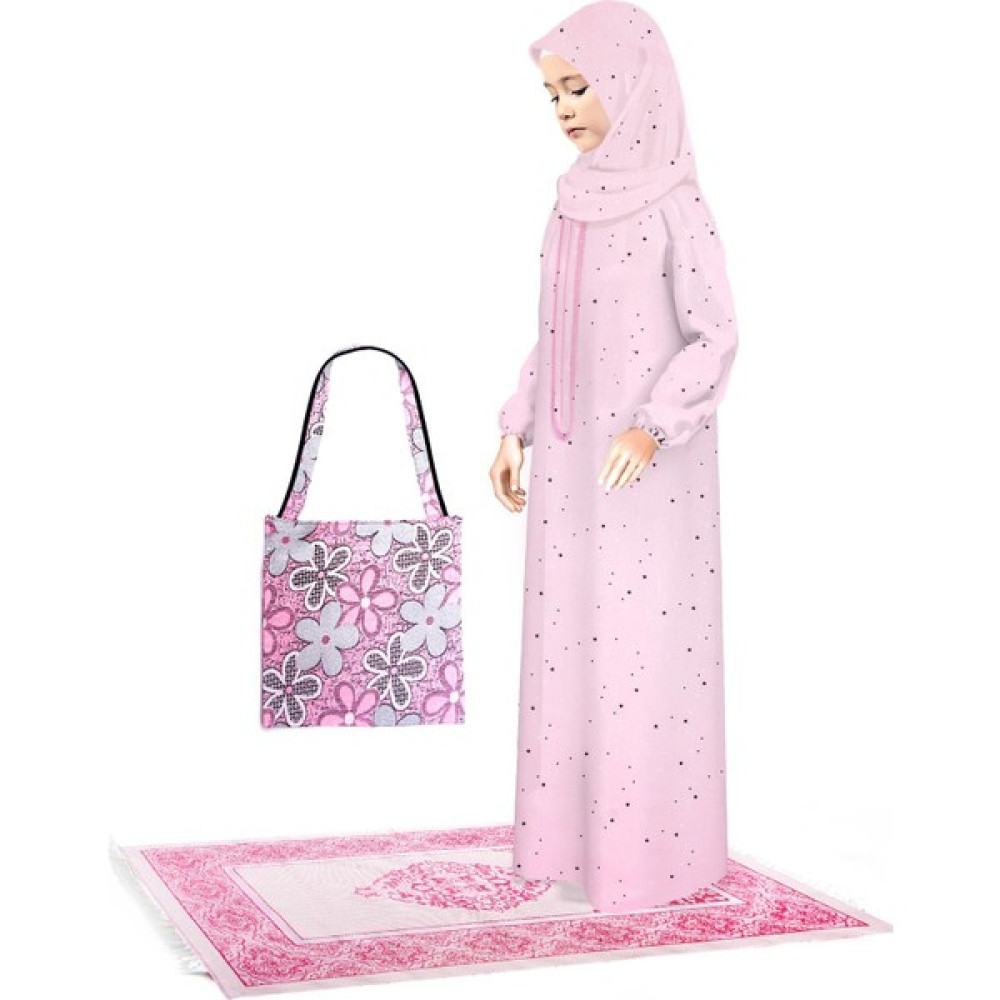Liyavera Namaz Elbisesi Çanta ve Seccadeli Pembe Renkli Fermuarlı Yıldız Desenli 919 Kız Çocuk Elbise Fiyatı
