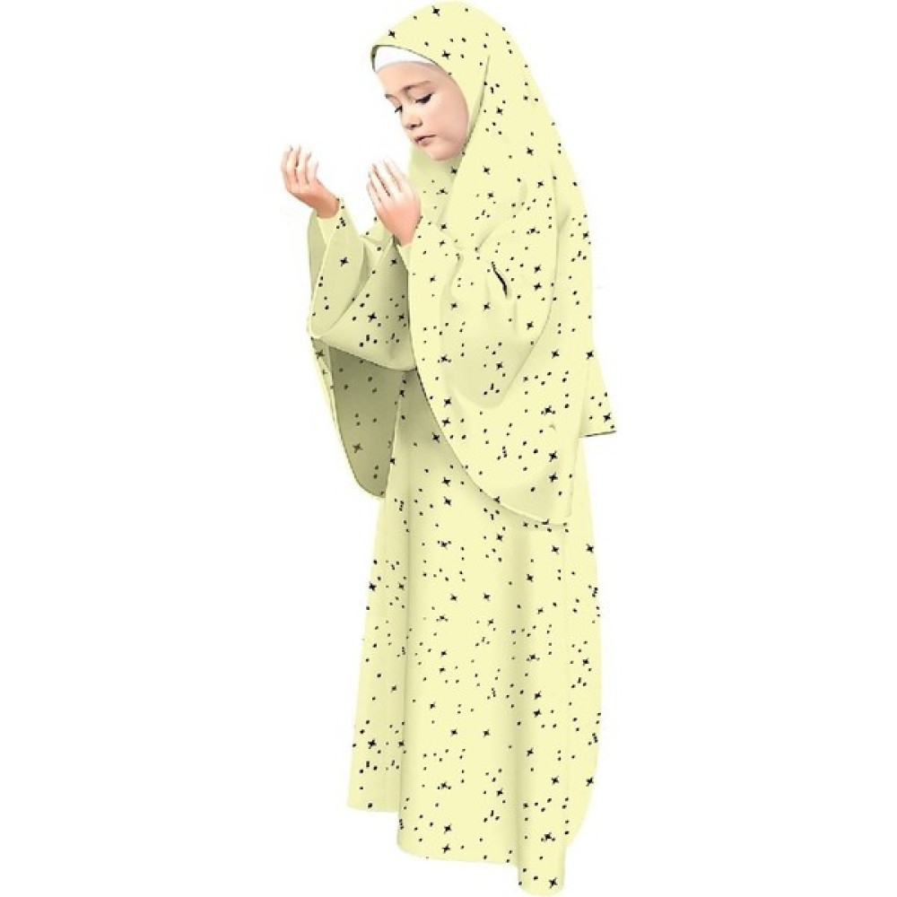 Liyavera Sarı Renkli Yıldız Desenli Uzun Başörtülü Kız Çocuk Namaz Elbisesi 938S Kız Çocuk Elbise Fiyatı