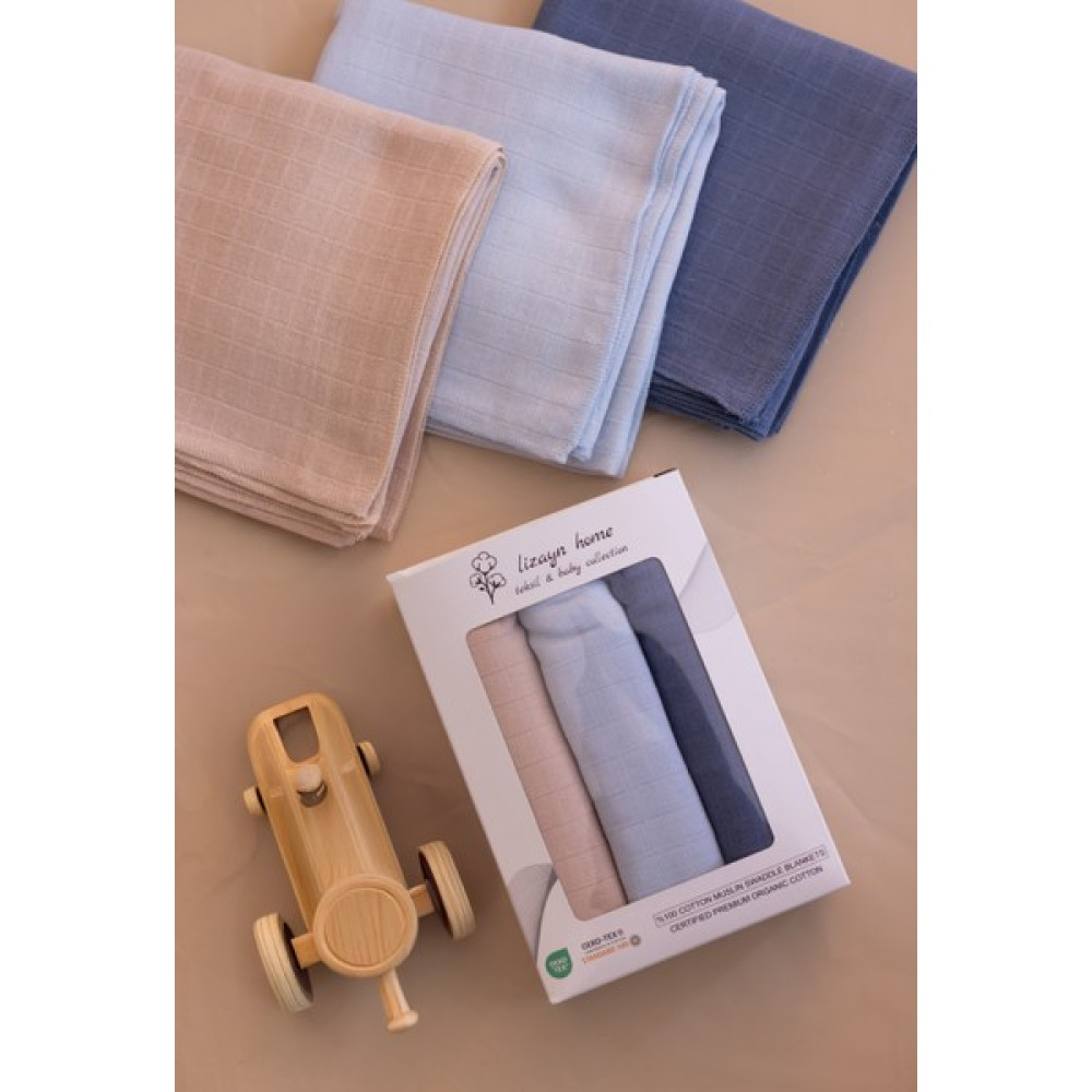 Lizayn Tekstil Çok Amaçlı Müslin Örtü & Battaniye 3'lü Set %100 Pamuk Oeko-Teks Sertifikalı 80X80 cm - Bebe Mavisi Hamilelik ve Emzirme Fiyatı