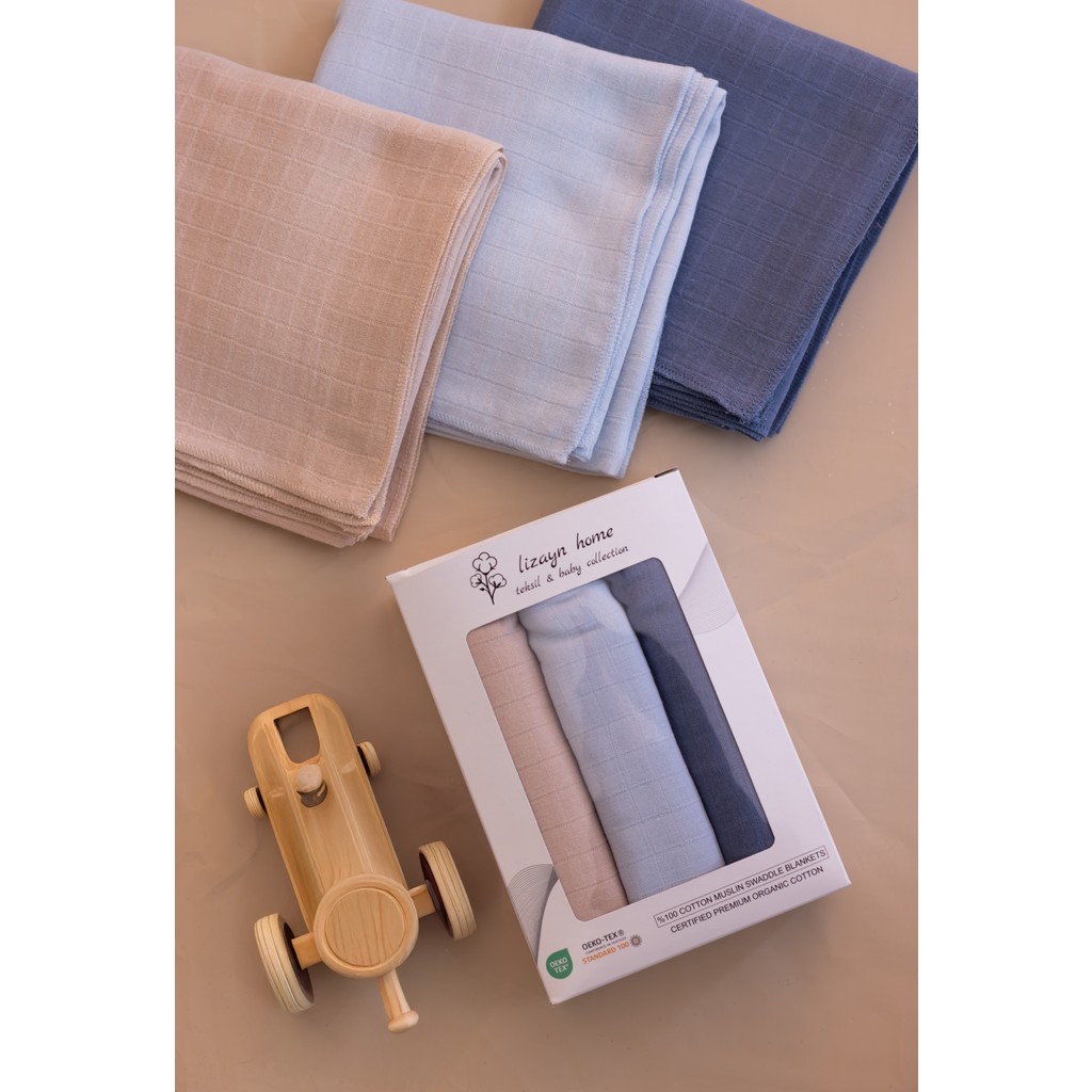 Lizayn Tekstil Çok Amaçlı Müslin Örtü & Battaniye 3'lü Set %100 Pamuk Oeko-Teks Sertifikalı 80X80 cm - Bebe Mavisi Battaniye Fiyatı