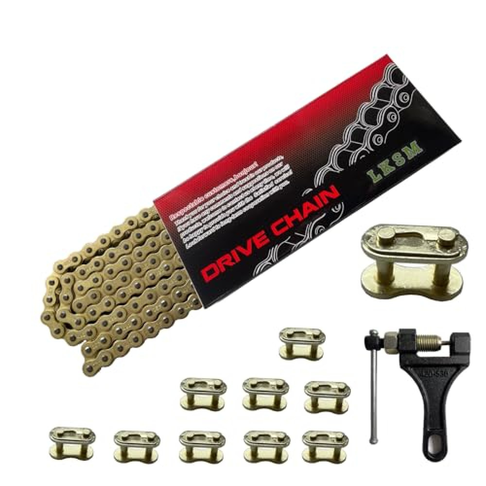 LKSM 420 Motorcycle Gold Chain 132 Link Standard Roller Chain with Chain Breaker 10 Connecting Master Link for 100cc 110cc 125cc Dirt Pit Bike ATV Quad Go Kart Mini Bike Scooter