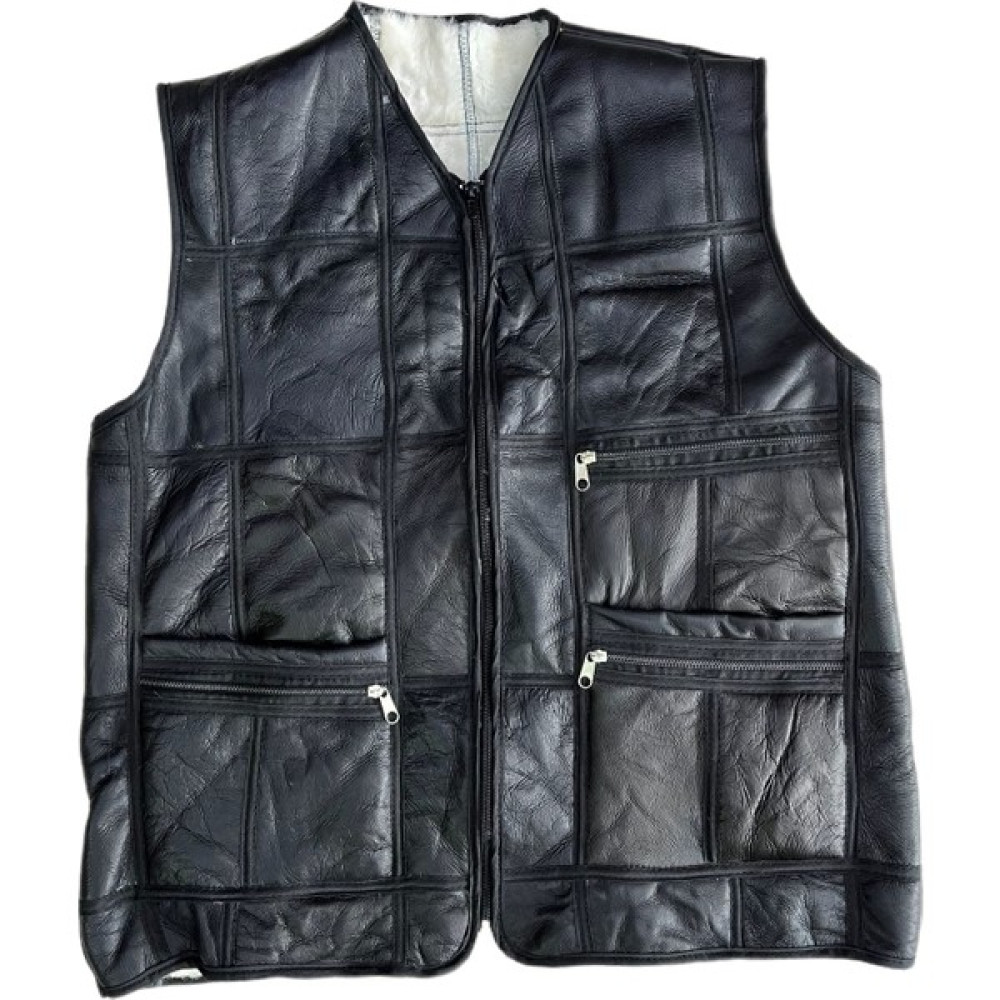 LN Leather Patchwork Içi Kürk-Dışı Süet Deri Biye Detaylı Yelek Siyah-Beyaz Erkek Yelek Fiyatı