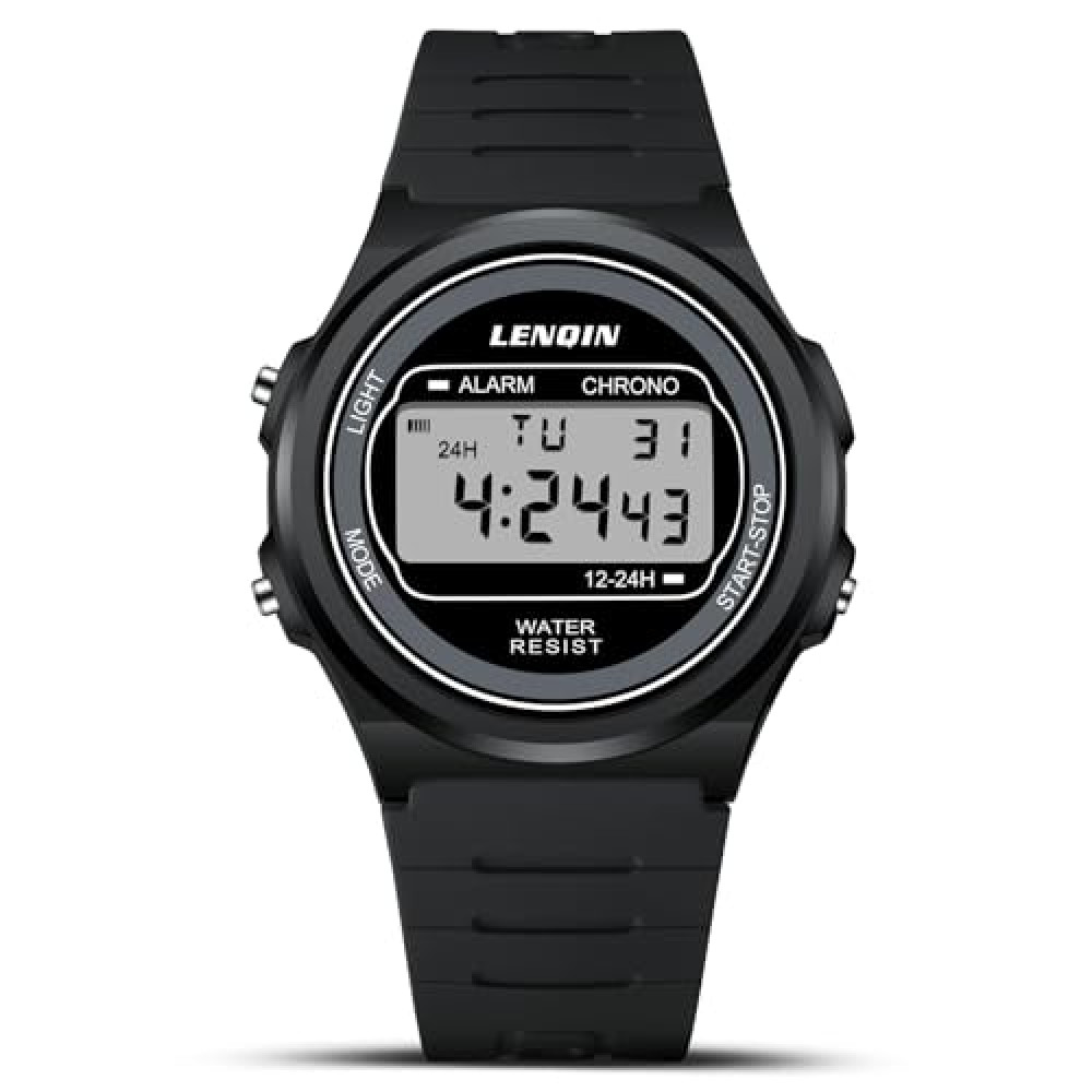 LN LENQIN Men's Digital Sports Watches - 30M Waterproof with Stopwatch, EL Backlight, Alarm, T2 Time, 12/24H Time