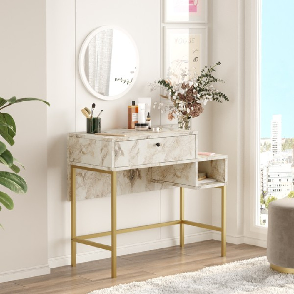 L'occi Concept Arnis 40 cm Gold Metal Makyaj Masası Aynalı Kapaklı Mermer Desen AS31-GE Dresuar / Makyaj Masası Fiyatı