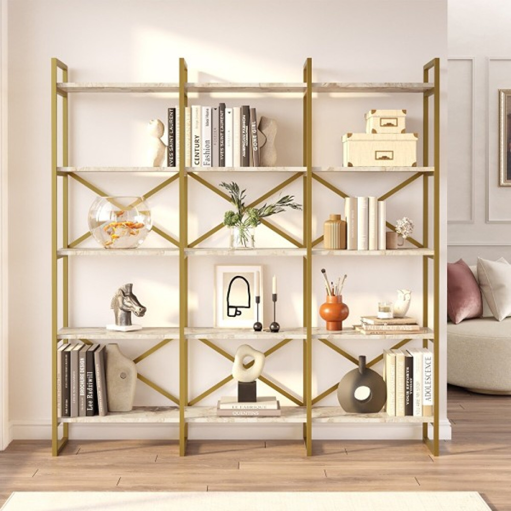 L'occi Concept Arnis Gold Metal Kitaplık 5 Raflı Geniş 3 Bölme 175 cm Mermer Desen As6-Ge Kitaplık Fiyatı