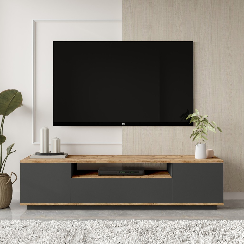 L'occi Concept Delphin 180 cm Raflı Kapaklı Tv Ünitesi DLP7-AA Çam-Antrasit - Antrasit Tv Ünitesi / Sehpası Fiyatı