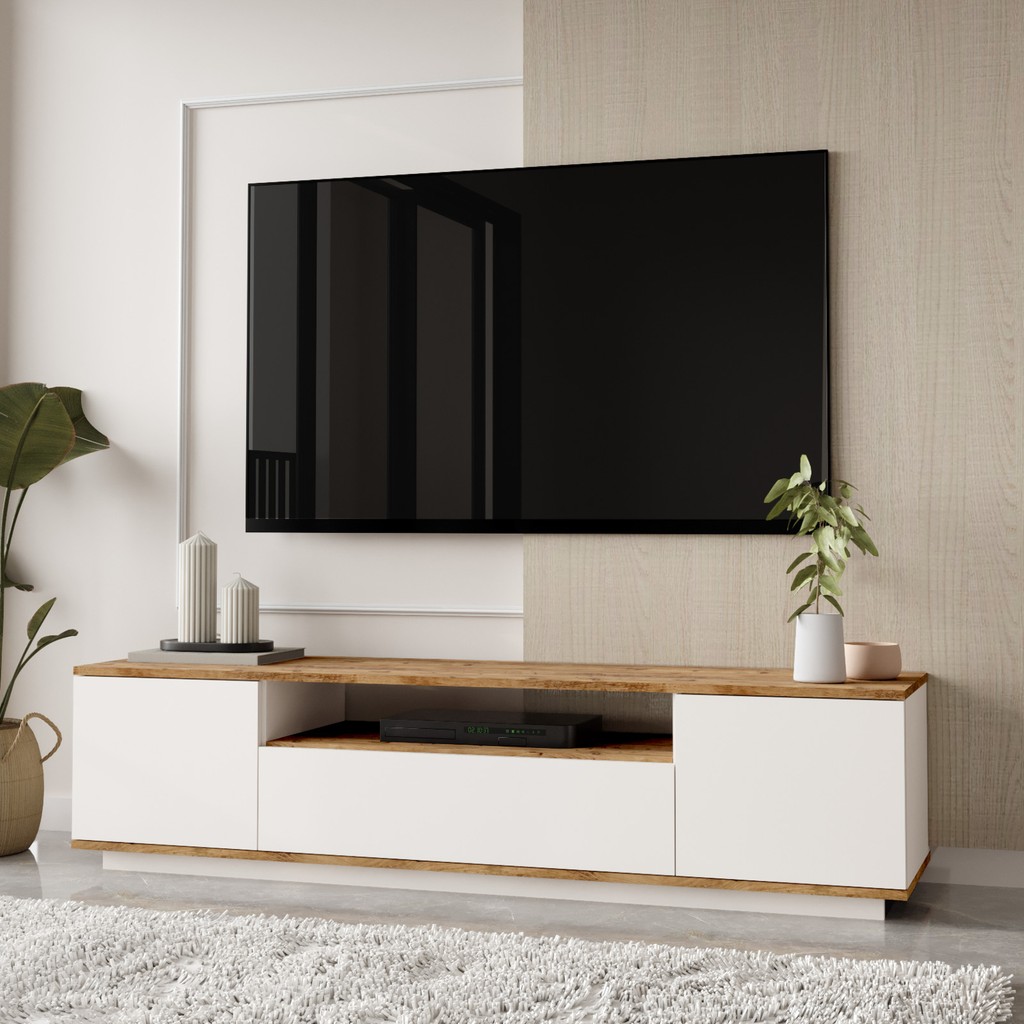 L'occi Concept Delphin 180 cm Raflı Kapaklı Tv Ünitesi DLP7-AW Çam-Beyaz - Beyaz - Çam Tv Ünitesi / Sehpası Fiyatı