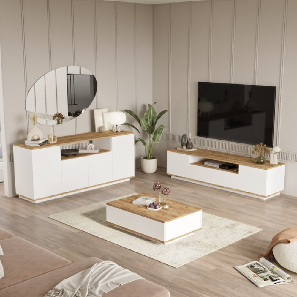 L'occi Concept Delphin Kapaklı Tv Ünitesi Orta Sehpa Konsol 3'lü Set Çam-Beyaz DLP18-AW Tv Ünitesi / Sehpası Fiyatı