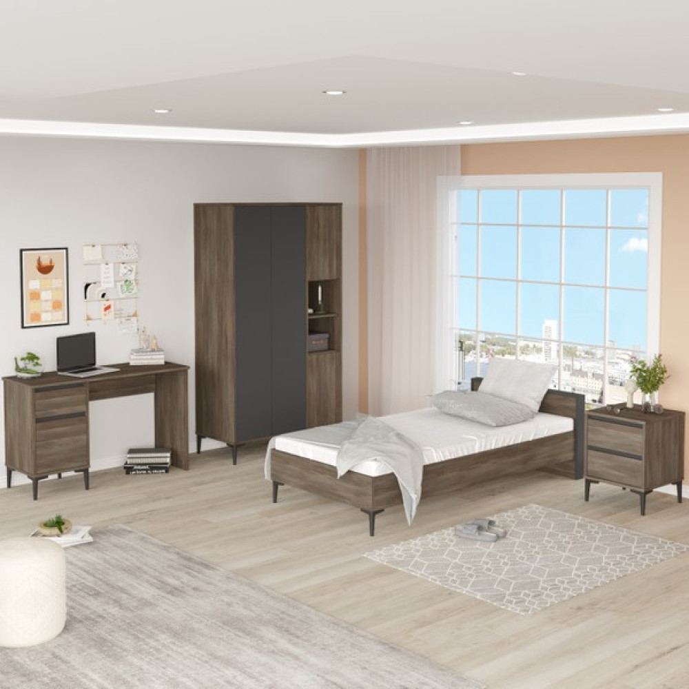 L'occi Concept Eldon Karyola,komodin,çalışma Masası,gardırop 4'lü Genç Odası Takımı Kahve-Antrasit EL17-CA Genç Odası Takımı / Seti Fiyatı