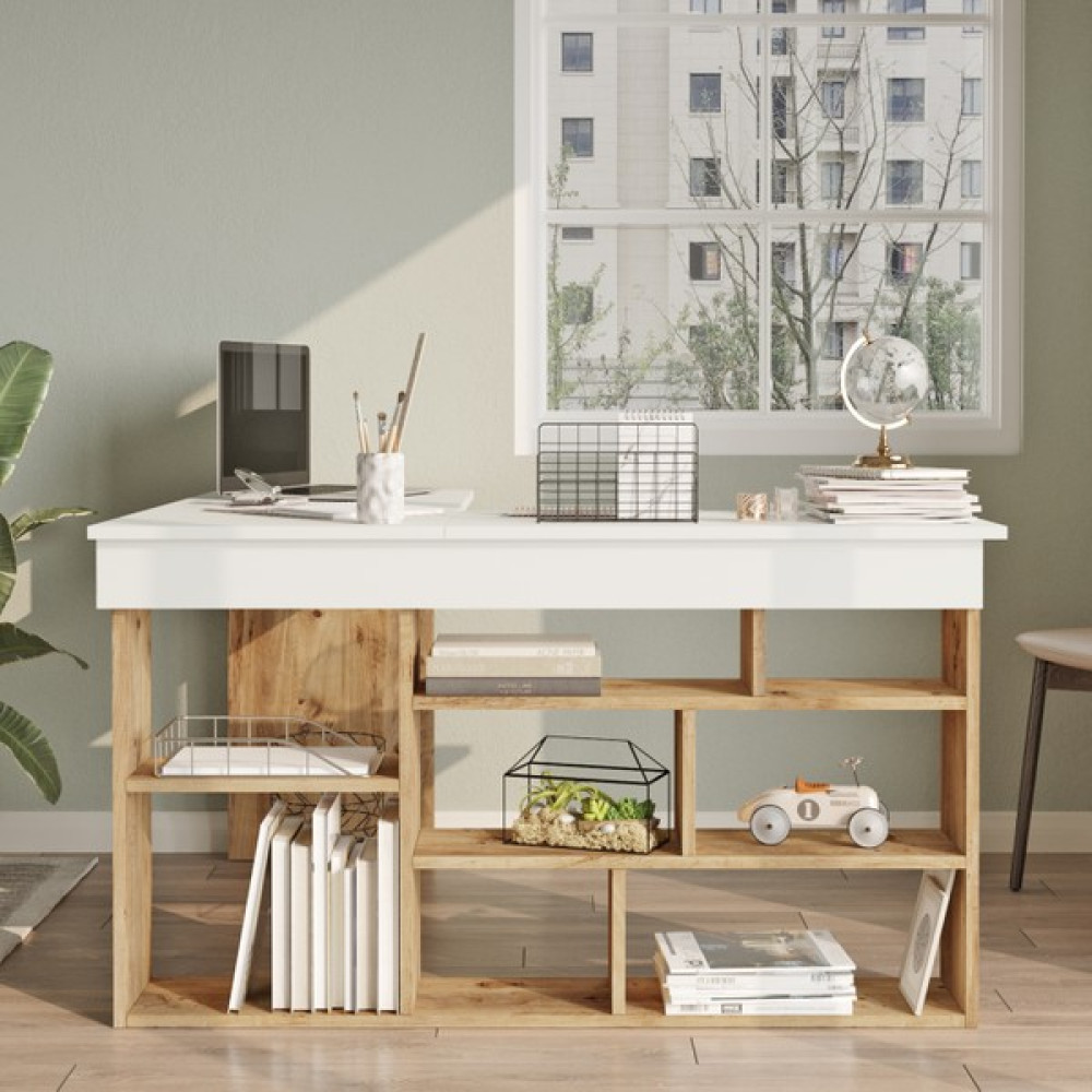 L'occi Concept Kitaplık Raflı Çalışma Masası Bilgisayar Masası Çam-Beyaz - 50 cm - Atlantik Çalışma Masası Fiyatı